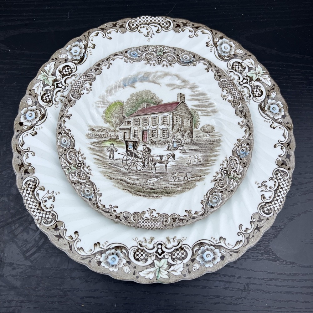 Johnson Brothers Heritage Hall Dinner Plate 9.75" & Saucer Brown Crazing